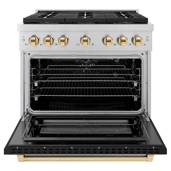 ZLINE Autograph Edition 36 in. 5.2 cu. ft. Paramount Gas Range with 6 Burner DuoPro™ Cooktop and Convection Gas Oven with Black Matte Door and Polished Gold Accents, Open Box-Good Condition