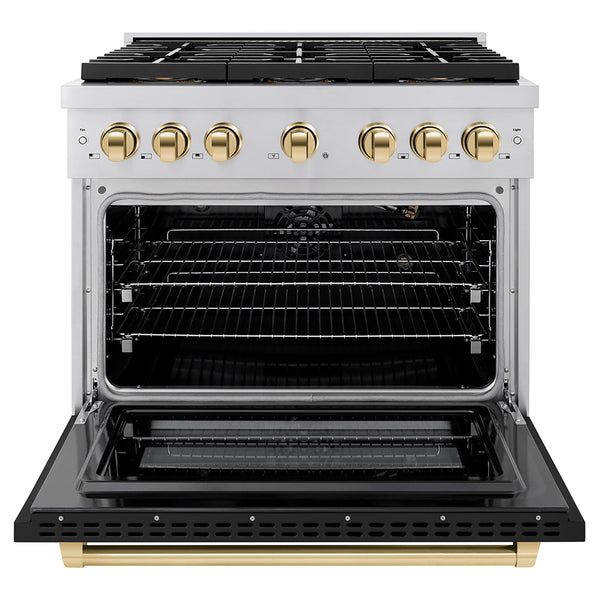 ZLINE Autograph Edition 36 in. 5.2 cu. ft. Paramount Gas Range with 6 Burner DuoPro™ Cooktop and Convection Gas Oven with Black Matte Door and Polished Gold Accents (PSGRZ-BLM-36-G)