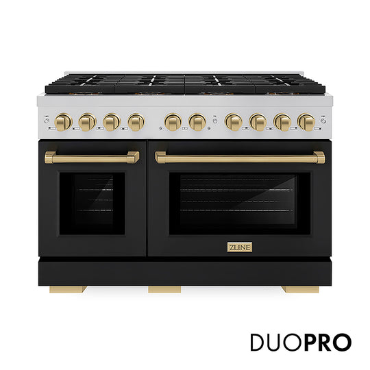 ZLINE Autograph Edition 48 in. 6.7 cu. ft. Paramount Gas Range with 8 Burner DuoPro™ Cooktop and Dual Ovens with Black Matte Doors and Champagne Bronze Accents, Open Box-Great Condition