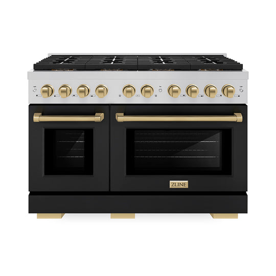 ZLINE Autograph Edition 48 in. 6.7 cu. ft. Paramount Gas Range with 8 Burner DuoPro™ Cooktop and Dual Ovens with Black Matte Doors and Champagne Bronze Accents (PSGRZ-BLM-48-CB)