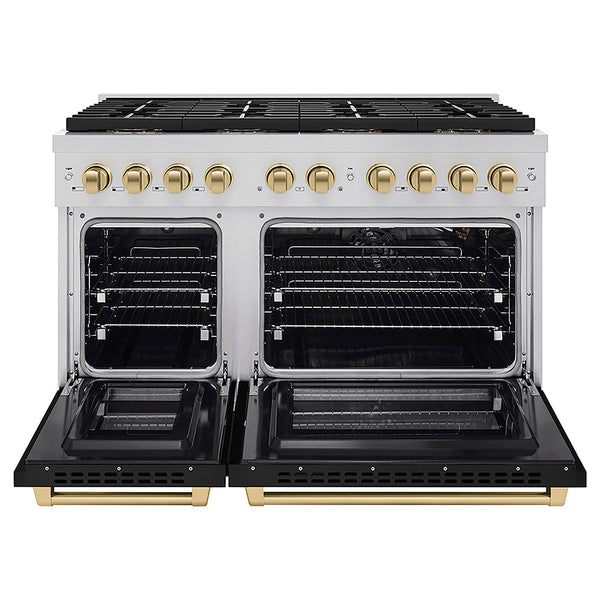 ZLINE Autograph Edition 48 in. 6.7 cu. ft. Paramount Gas Range with 8 Burner DuoPro™ Cooktop and Dual Ovens with Black Matte Doors and Champagne Bronze Accents, Open Box-Good Condition