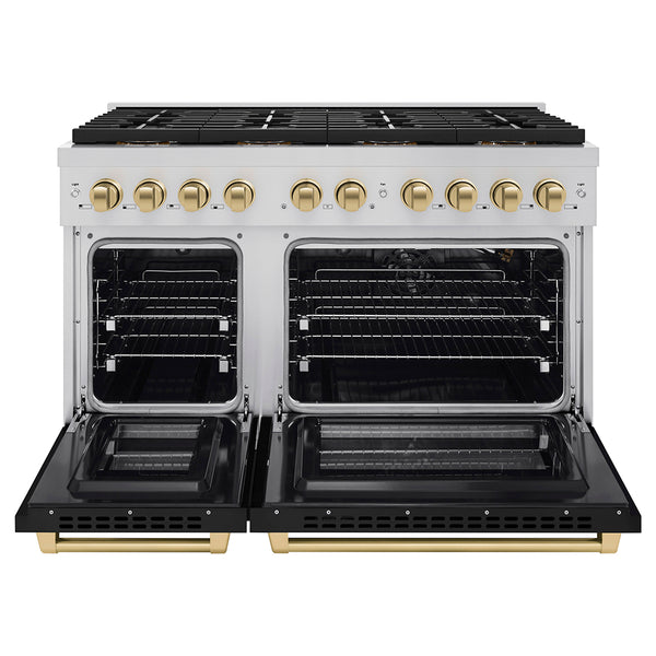 ZLINE Autograph Edition 48 in. 6.7 cu. ft. Paramount Gas Range with 8 Burner DuoPro™ Cooktop and Dual Ovens with Black Matte Doors and Champagne Bronze Accents (PSGRZ-BLM-48-CB)