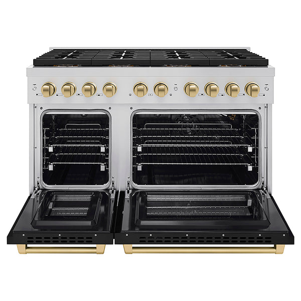 ZLINE Autograph Edition 48 in. 6.7 cu. ft. Paramount Gas Range with 8 Burner DuoPro™ Cooktop and Dual Ovens with Black Matte Doors and Champagne Bronze Accents, Open Box-Great Condition