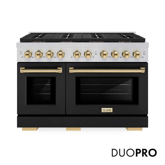 ZLINE Autograph Edition 48 in. 6.7 cu. ft. Paramount Gas Range with 8 Burner DuoPro™ Cooktop and Dual Ovens with Black Matte Doors and Polished Gold Accents, Open Box-Good Condition