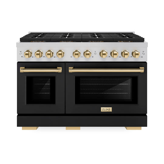 ZLINE Autograph Edition 48 in. 6.7 cu. ft. Paramount Gas Range with 8 Burner DuoPro™ Cooktop and Dual Ovens with Black Matte Doors and Polished Gold Accents (PSGRZ-BLM-48-G)