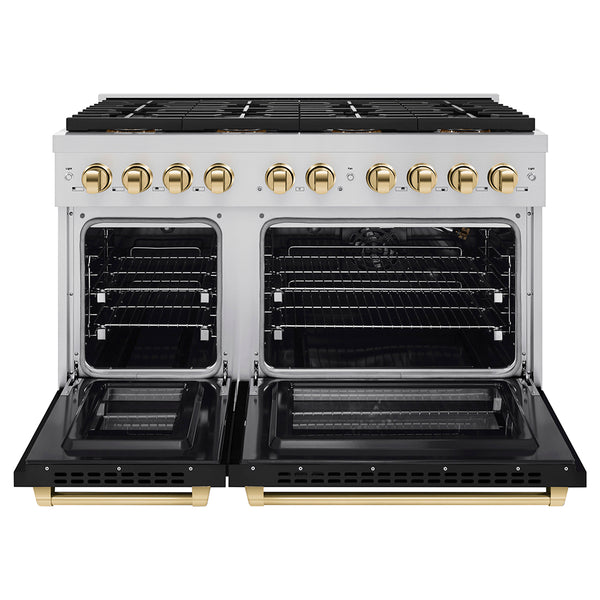 ZLINE Autograph Edition 48 in. 6.7 cu. ft. Paramount Gas Range with 8 Burner DuoPro™ Cooktop and Dual Ovens with Black Matte Doors and Polished Gold Accents (PSGRZ-BLM-48-G)