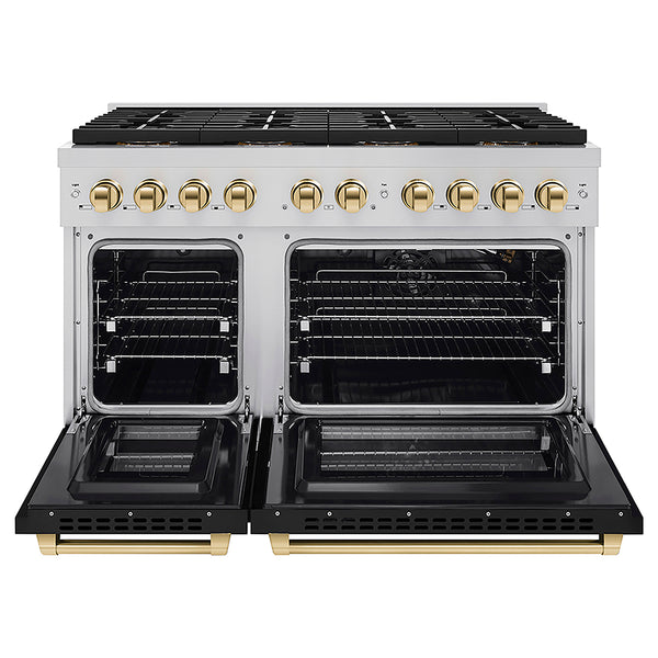 ZLINE Autograph Edition 48 in. 6.7 cu. ft. Paramount Gas Range with 8 Burner DuoPro™ Cooktop and Dual Ovens with Black Matte Doors and Polished Gold Accents, Open Box-Great Condition