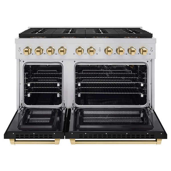 ZLINE Autograph Edition 48 in. 6.7 cu. ft. Paramount Gas Range with 8 Burner DuoPro™ Cooktop and Dual Ovens with Black Matte Doors and Polished Gold Accents, Open Box-Good Condition