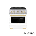 ZLINE Autograph Edition 30 in. 4.2 cu. ft. Paramount Gas Range with 4 Burner DuoPro™ Cooktop and Convection Gas Oven in Stainless Steel with White Matte Door and Champagne Bronze Accents, Open Box-Good Condition