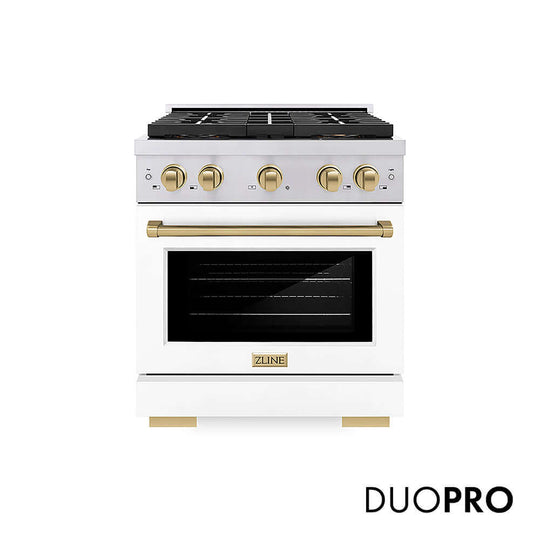ZLINE Autograph Edition 30 in. 4.2 cu. ft. Paramount Gas Range with 4 Burner DuoPro™ Cooktop and Convection Gas Oven in Stainless Steel with White Matte Door and Champagne Bronze Accents, Open Box-Good Condition