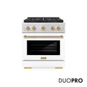 ZLINE Autograph Edition 30 in. 4.2 cu. ft. Paramount Gas Range with 4 Burner DuoPro™ Cooktop and Convection Gas Oven in Stainless Steel with White Matte Door and Champagne Bronze Accents, Open Box-Great Condition