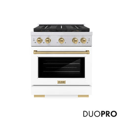 ZLINE Autograph Edition 30 in. 4.2 cu. ft. Paramount Gas Range with 4 Burner DuoPro™ Cooktop and Convection Gas Oven in Stainless Steel with White Matte Door and Champagne Bronze Accents, Open Box-Great Condition