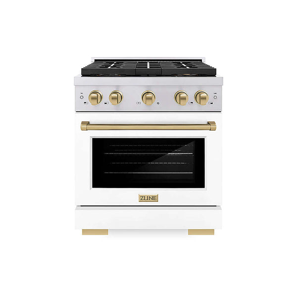 ZLINE Autograph Edition 30 in. 4.2 cu. ft. Paramount Gas Range with 4 Burner DuoPro™ Cooktop and Convection Gas Oven in Stainless Steel with White Matte Door and Champagne Bronze Accents, Open Box-Good Condition