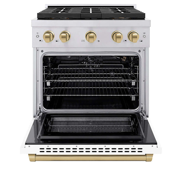 ZLINE Autograph Edition 30 in. 4.2 cu. ft. Paramount Gas Range with 4 Burner DuoPro™ Cooktop and Convection Gas Oven in Stainless Steel with White Matte Door and Champagne Bronze Accents, Open Box-Good Condition