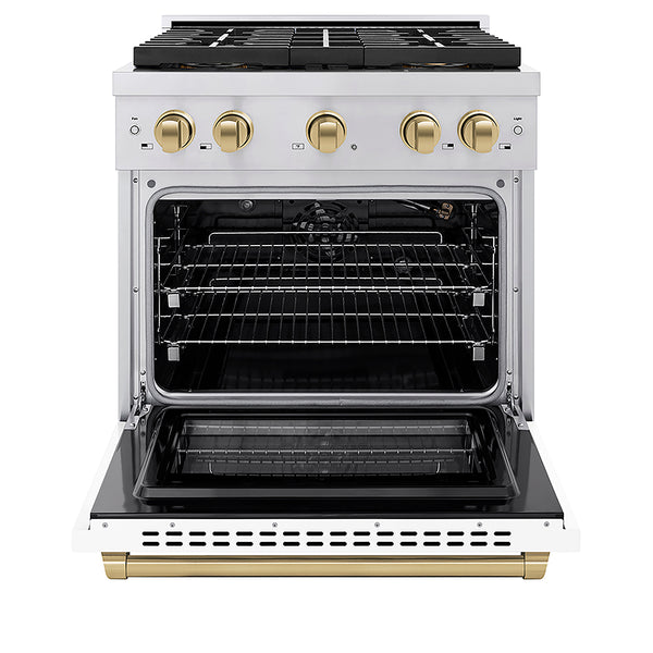 ZLINE Autograph Edition 30 in. 4.2 cu. ft. Paramount Gas Range with 4 Burner DuoPro™ Cooktop and Convection Gas Oven in Stainless Steel with White Matte Door and Champagne Bronze Accents, Open Box-Great Condition