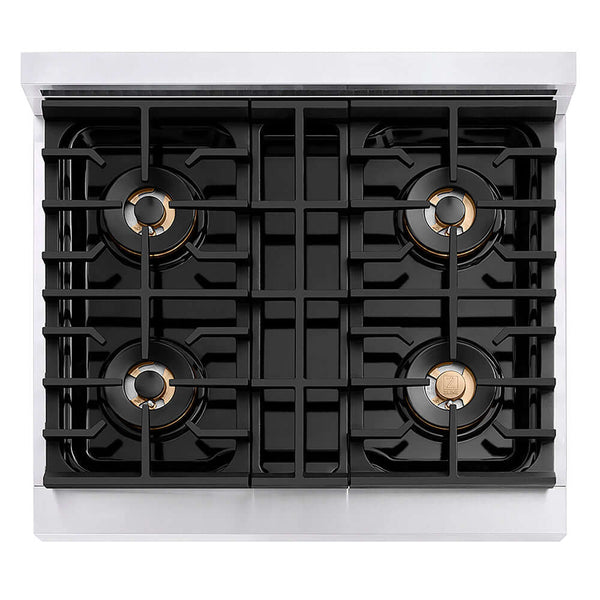 ZLINE Autograph Edition 30 in. 4.2 cu. ft. Paramount Gas Range with 4 Burner DuoPro™ Cooktop and Convection Gas Oven in Stainless Steel with White Matte Door and Champagne Bronze Accents, Open Box-Good Condition