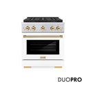 ZLINE Autograph Edition 30 in. 4.2 cu. ft. Paramount Gas Range with 4 Burner DuoPro™ Cooktop and Convection Gas Oven in Stainless Steel with White Matte Door and Polished Gold Accents, Open Box-Great Condition