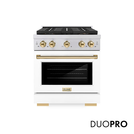 ZLINE Autograph Edition 30 in. 4.2 cu. ft. Paramount Gas Range with 4 Burner DuoPro™ Cooktop and Convection Gas Oven in Stainless Steel with White Matte Door and Polished Gold Accents, Open Box-Great Condition