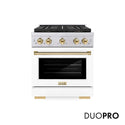 ZLINE Autograph Edition 30 in. 4.2 cu. ft. Paramount Gas Range with 4 Burner DuoPro™ Cooktop and Convection Gas Oven in Stainless Steel with White Matte Door and Polished Gold Accents, Open Box-Good Condition