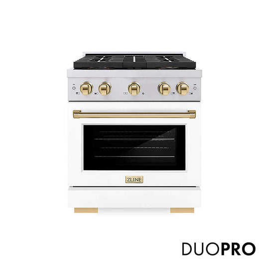 ZLINE Autograph Edition 30 in. 4.2 cu. ft. Paramount Gas Range with 4 Burner DuoPro™ Cooktop and Convection Gas Oven in Stainless Steel with White Matte Door and Polished Gold Accents, Open Box-Good Condition