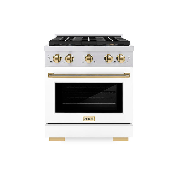ZLINE Autograph Edition 30 in. 4.2 cu. ft. Paramount Gas Range with 4 Burner DuoPro™ Cooktop and Convection Gas Oven in Stainless Steel with White Matte Door and Polished Gold Accents, Open Box-Great Condition
