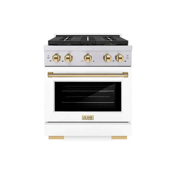 ZLINE Autograph Edition 30 in. 4.2 cu. ft. Paramount Gas Range with 4 Burner DuoPro™ Cooktop and Convection Gas Oven in Stainless Steel with White Matte Door and Polished Gold Accents, Open Box-Good Condition