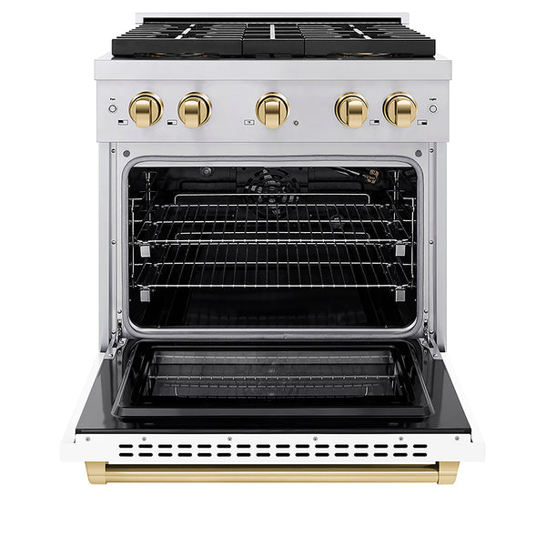 ZLINE Autograph Edition 30 in. 4.2 cu. ft. Paramount Gas Range with 4 Burner DuoPro™ Cooktop and Convection Gas Oven in Stainless Steel with White Matte Door and Polished Gold Accents, Open Box-Great Condition