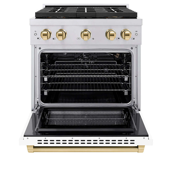 ZLINE Autograph Edition 30 in. 4.2 cu. ft. Paramount Gas Range with 4 Burner DuoPro™ Cooktop and Convection Gas Oven in Stainless Steel with White Matte Door and Polished Gold Accents, Open Box-Good Condition