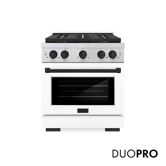 ZLINE Autograph Edition 30 in. 4.2 cu. ft. Paramount Gas Range with 4 Burner DuoPro™ Cooktop and Convection Gas Oven in Stainless Steel with White Matte Door and Matte Black Accents (PSGRZ-WM-30-MB)