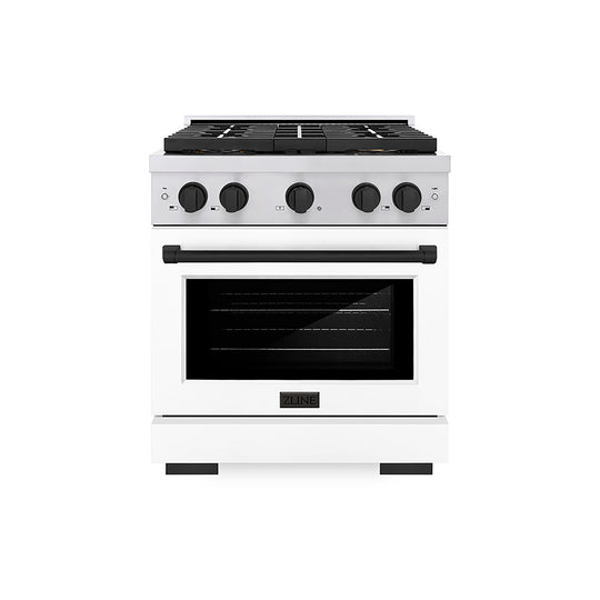 ZLINE Autograph Edition 30 in. 4.2 cu. ft. Paramount Gas Range with 4 Burner DuoPro™ Cooktop and Convection Gas Oven in Stainless Steel with White Matte Door and Matte Black Accents (PSGRZ-WM-30-MB)