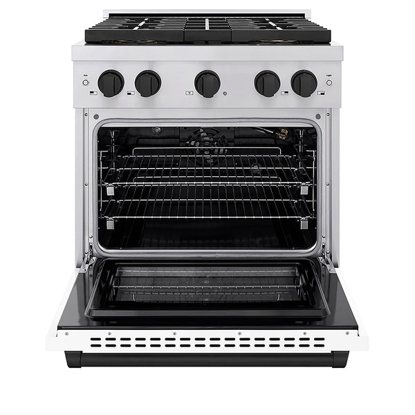 ZLINE Autograph Edition 30 in. 4.2 cu. ft. Paramount Gas Range with 4 Burner DuoPro™ Cooktop and Convection Gas Oven in Stainless Steel with White Matte Door and Matte Black Accents, Open Box-Great Condition