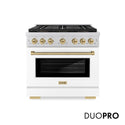 ZLINE Autograph Edition 36 in. 5.2 cu. ft. Paramount Gas Range with 6 Burner DuoPro™ Cooktop and Convection Gas Oven with White Matte Door and Champagne Bronze Accents, Open Box-Great Condition