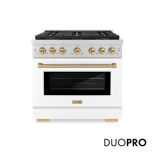 ZLINE Autograph Edition 36 in. 5.2 cu. ft. Paramount Gas Range with 6 Burner DuoPro™ Cooktop and Convection Gas Oven with White Matte Door and Champagne Bronze Accents, Open Box-Great Condition
