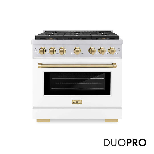 ZLINE Autograph Edition 36 in. 5.2 cu. ft. Paramount Gas Range with 6 Burner DuoPro™ Cooktop and Convection Gas Oven with White Matte Door and Champagne Bronze Accents, Open Box-Good Condition