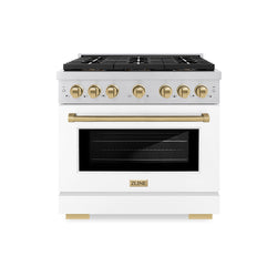 ZLINE Autograph Edition 36 in. 5.2 cu. ft. Paramount Gas Range with 6 Burner DuoPro™ Cooktop and Convection Gas Oven with White Matte Door and Champagne Bronze Accents (PSGRZ-WM-36-CB)