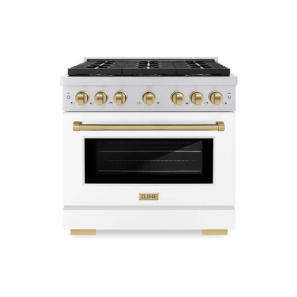 ZLINE Autograph Edition 36 in. 5.2 cu. ft. Paramount Gas Range with 6 Burner DuoPro™ Cooktop and Convection Gas Oven with White Matte Door and Champagne Bronze Accents, Open Box-Good Condition