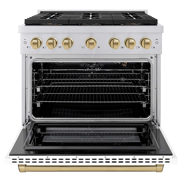 ZLINE Autograph Edition 36 in. 5.2 cu. ft. Paramount Gas Range with 6 Burner DuoPro™ Cooktop and Convection Gas Oven with White Matte Door and Champagne Bronze Accents, Open Box-Good Condition