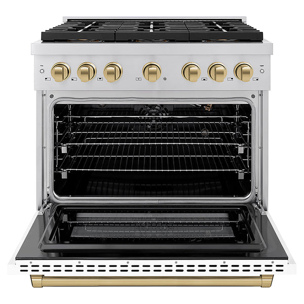 ZLINE Autograph Edition 36 in. 5.2 cu. ft. Paramount Gas Range with 6 Burner DuoPro™ Cooktop and Convection Gas Oven with White Matte Door and Champagne Bronze Accents, Open Box-Great Condition