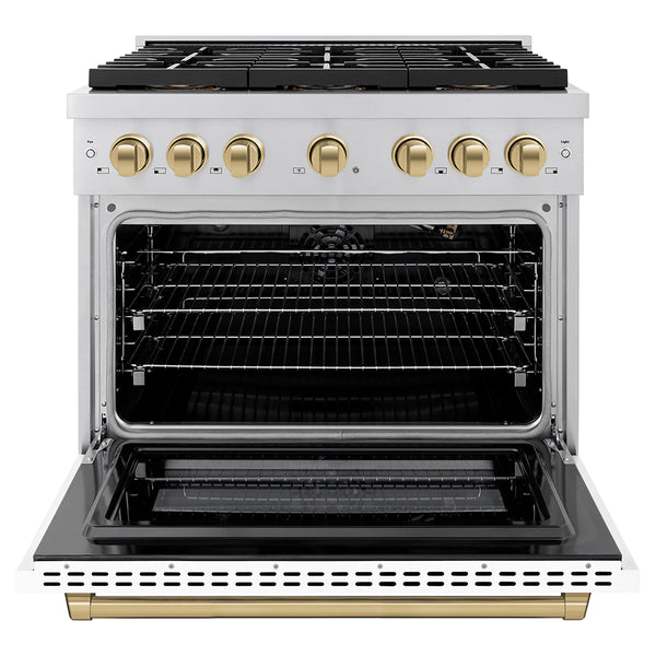 ZLINE Autograph Edition 36 in. 5.2 cu. ft. Paramount Gas Range with 6 Burner DuoPro™ Cooktop and Convection Gas Oven with White Matte Door and Champagne Bronze Accents (PSGRZ-WM-36-CB)