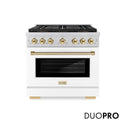 ZLINE Autograph Edition 36 in. 5.2 cu. ft. Paramount Gas Range with 6 Burner DuoPro™ Cooktop and Convection Gas Oven with White Matte Door and Polished Gold Accents, Open Box-Great Condition