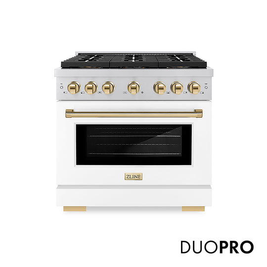 ZLINE Autograph Edition 36 in. 5.2 cu. ft. Paramount Gas Range with 6 Burner DuoPro™ Cooktop and Convection Gas Oven with White Matte Door and Polished Gold Accents, Open Box-Great Condition