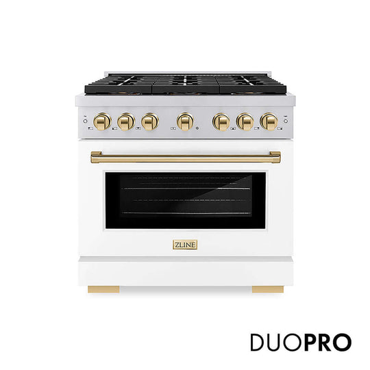 ZLINE Autograph Edition 36 in. 5.2 cu. ft. Paramount Gas Range with 6 Burner DuoPro™ Cooktop and Convection Gas Oven with White Matte Door and Polished Gold Accents, Open Box-Good Condition