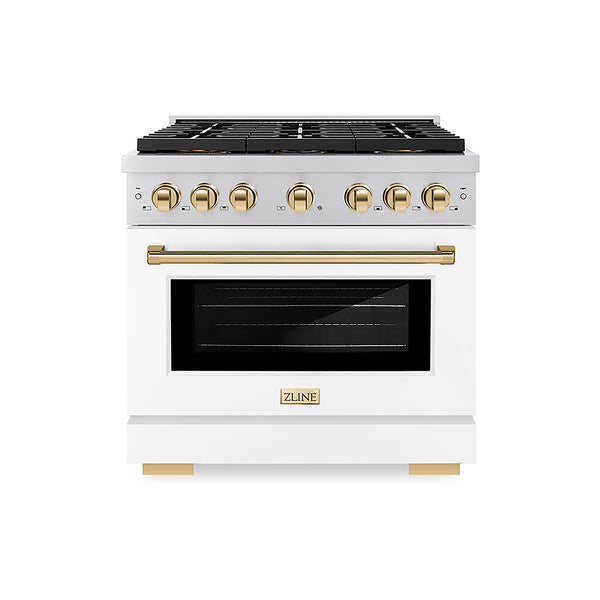 ZLINE Autograph Edition 36 in. 5.2 cu. ft. Paramount Gas Range with 6 Burner DuoPro™ Cooktop and Convection Gas Oven with White Matte Door and Polished Gold Accents, Open Box-Great Condition