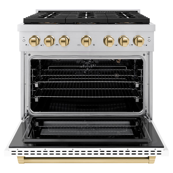 ZLINE Autograph Edition 36 in. 5.2 cu. ft. Paramount Gas Range with 6 Burner DuoPro™ Cooktop and Convection Gas Oven with White Matte Door and Polished Gold Accents (PSGRZ-WM-36-G)