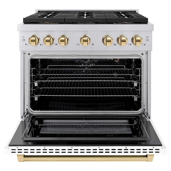 ZLINE Autograph Edition 36 in. 5.2 cu. ft. Paramount Gas Range with 6 Burner DuoPro™ Cooktop and Convection Gas Oven with White Matte Door and Polished Gold Accents, Open Box-Good Condition