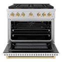 ZLINE Autograph Edition 36 in. 5.2 cu. ft. Paramount Gas Range with 6 Burner DuoPro™ Cooktop and Convection Gas Oven with White Matte Door and Polished Gold Accents, Open Box-Great Condition