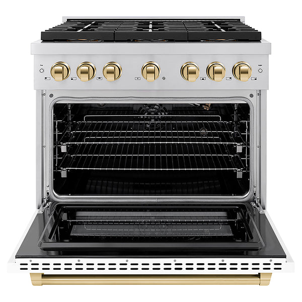 ZLINE Autograph Edition 36 in. 5.2 cu. ft. Paramount Gas Range with 6 Burner DuoPro™ Cooktop and Convection Gas Oven with White Matte Door and Polished Gold Accents, Open Box-Great Condition