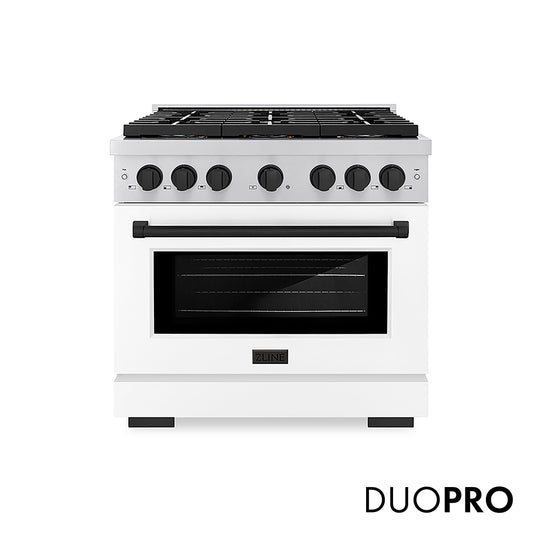 ZLINE Autograph Edition 36 in. 5.2 cu. ft. Paramount Gas Range with 6 Burner DuoPro™ Cooktop and Convection Gas Oven with White Matte Door and Matte Black Accents, Open Box-Great Condition