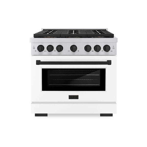 ZLINE Autograph Edition 36 in. 5.2 cu. ft. Paramount Gas Range with 6 Burner DuoPro™ Cooktop and Convection Gas Oven with White Matte Door and Matte Black Accents, Open Box-Good Condition