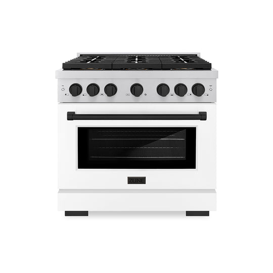 ZLINE Autograph Edition 36 in. 5.2 cu. ft. Paramount Gas Range with 6 Burner DuoPro™ Cooktop and Convection Gas Oven with White Matte Door and Matte Black Accents (PSGRZ-WM-36-MB)